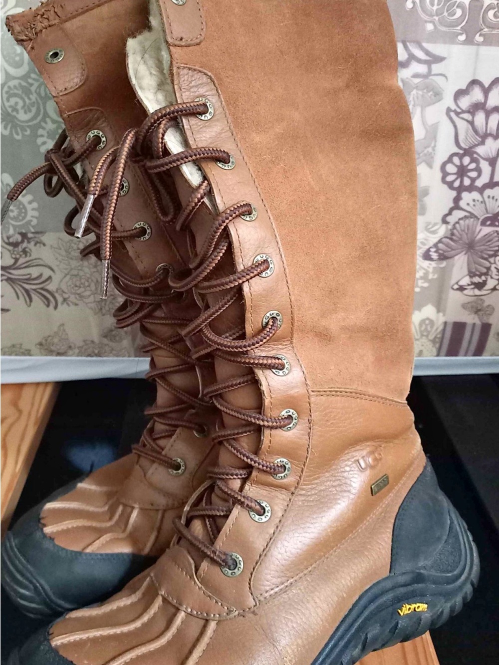 UGG Women's Brown Lace-Up Tall Winter Boots with Shearling Trim